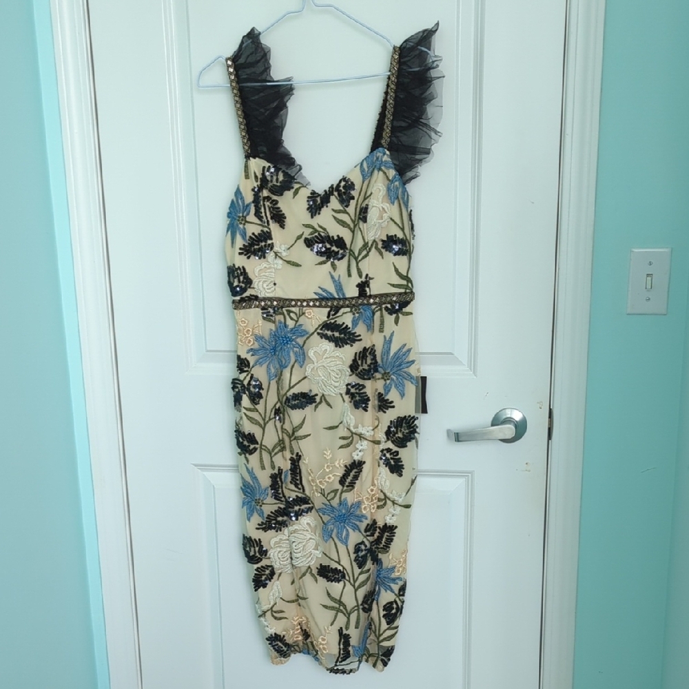 Lulu's Cream Dress with Blue and Black Floral Embroidery